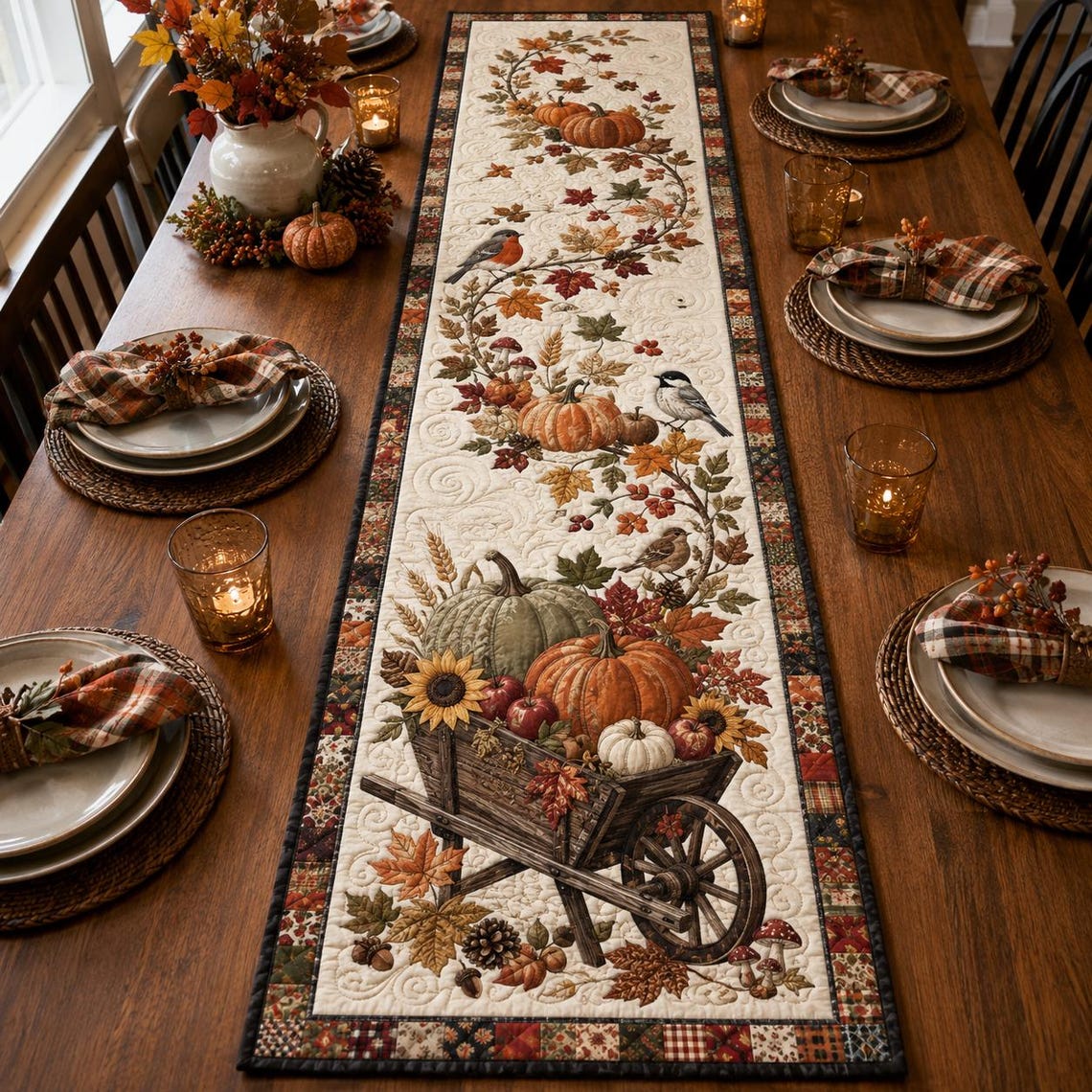 Fall Pumpkin Wheelbarrow Quilt Table Runner Thanksgiving Merch Harvest Autumn Decor Gift