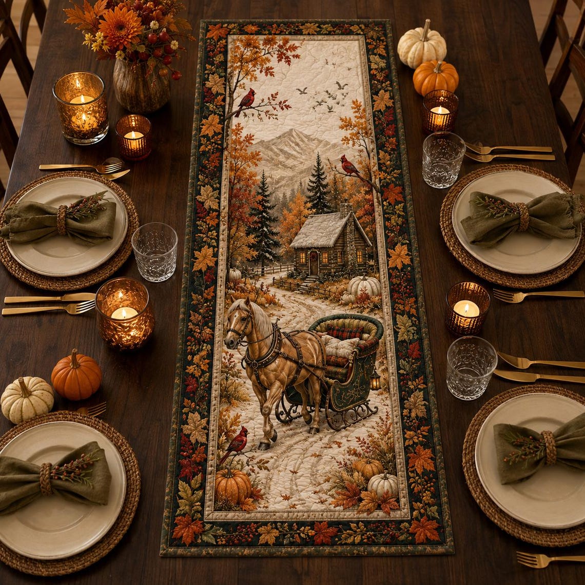 Fall Quilt Table Runner Horse Carriage Cardinal Thanksgiving Merch Gift For Fall