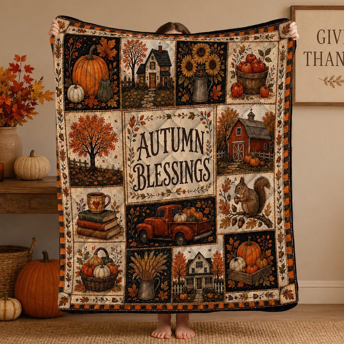 Fall Rustic Patchwork Pumpkin Quilt Blanket Thanksgiving Throw Farmhouse Decor Cozy Autumn Gift