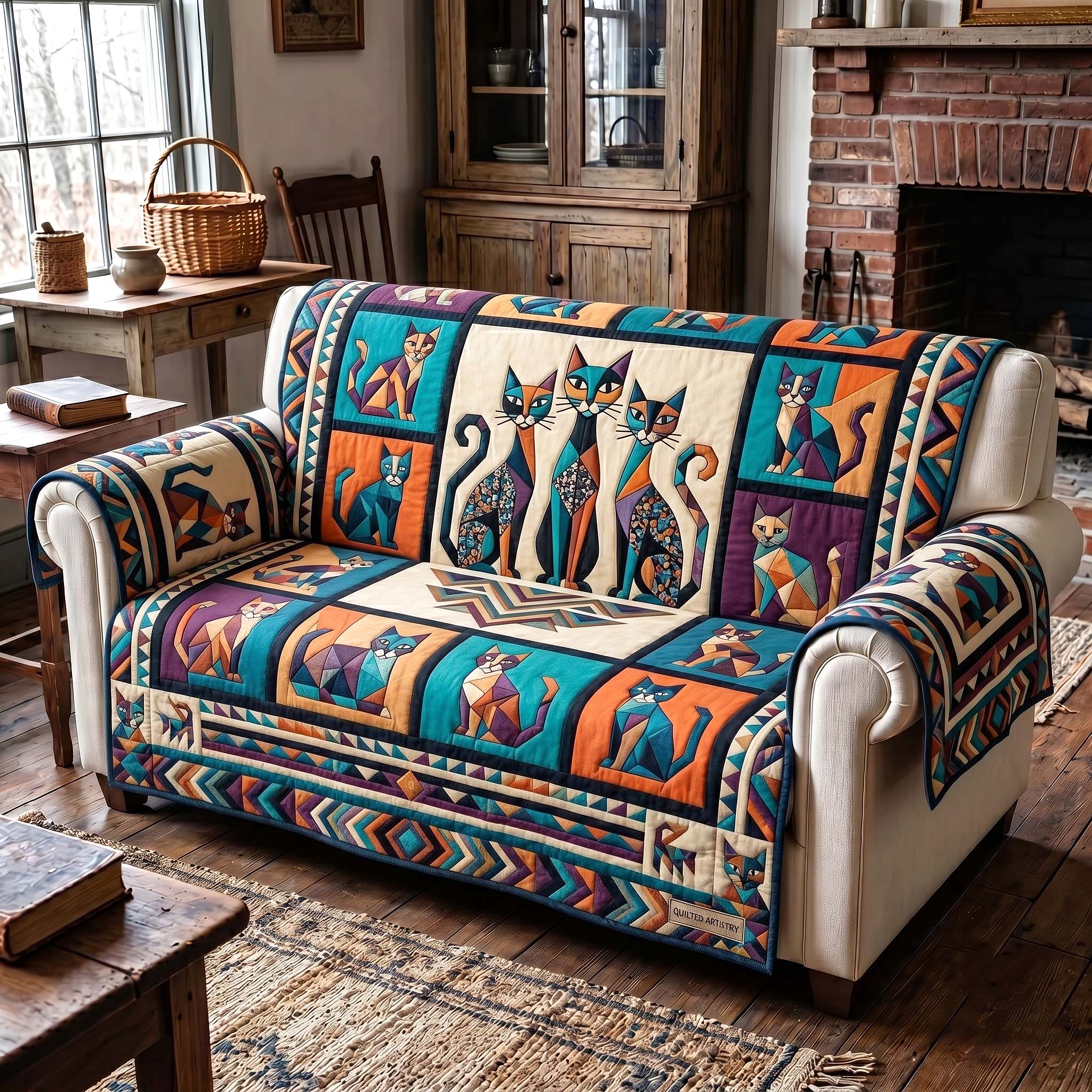 Feline Charm Quilted Sofa Cover Rustic Feline Couch Cover Home Gifts For Her