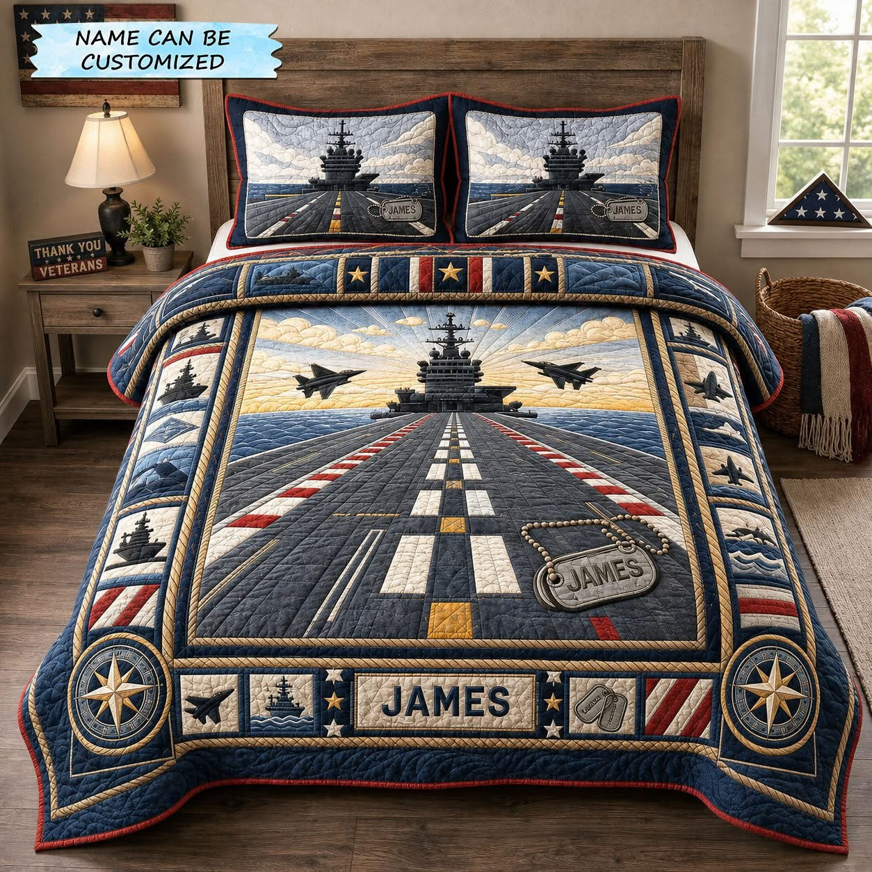 Flight Deck Of Honor Custom Quilt Bedding Set US Navy Aircraft Carrier Patriotic Bedroom Decor Veterans Gift