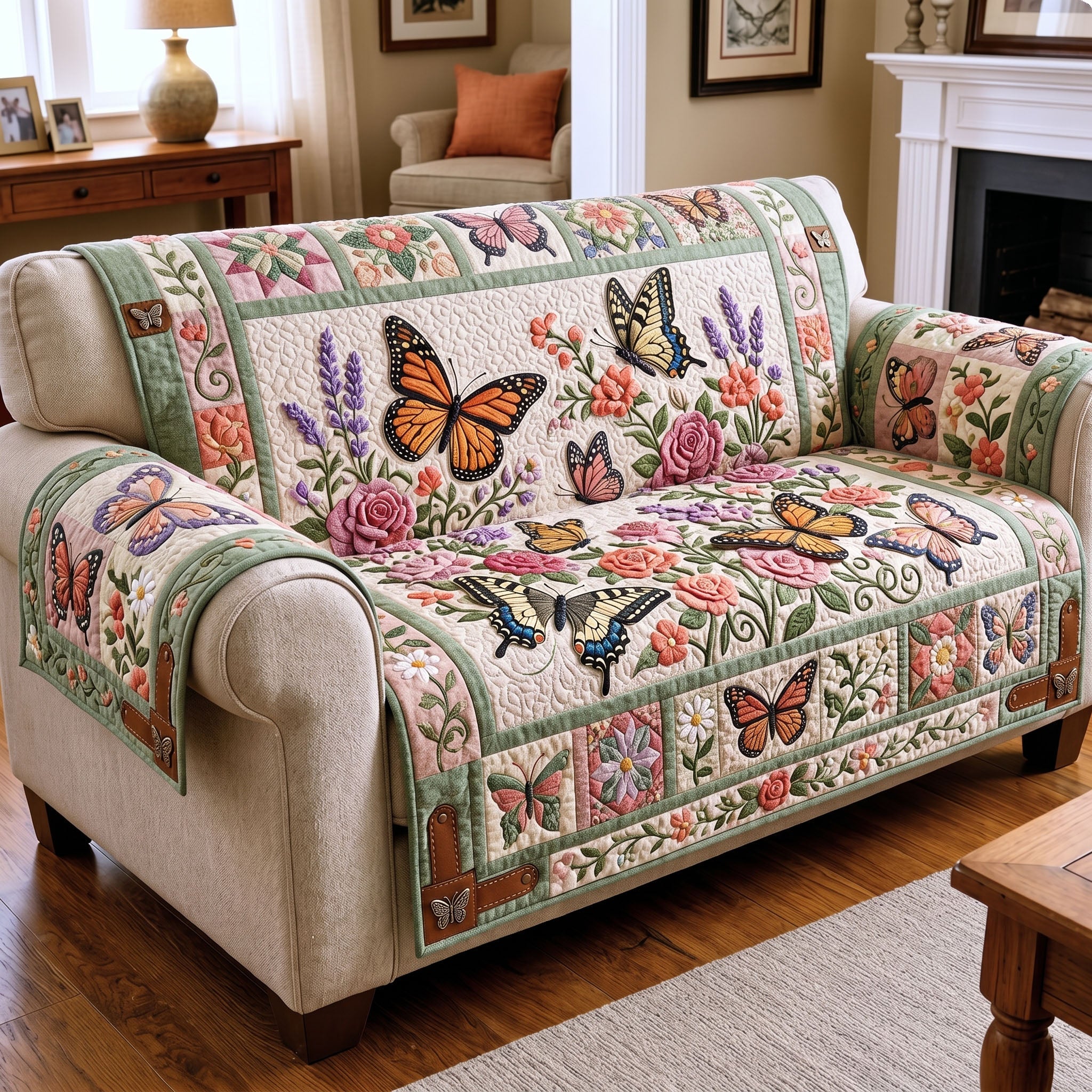 Floral Butterfly Quilted Sofa Cover Butterfly Bloom Couch Cover Top Gift
