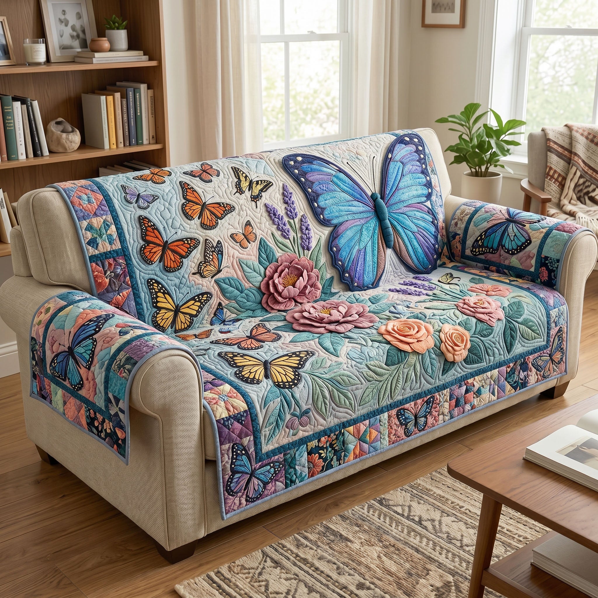 Floral Butterfly Quilted Sofa Cover Butterfly Charm Couch Cover Gifts For Home Decor