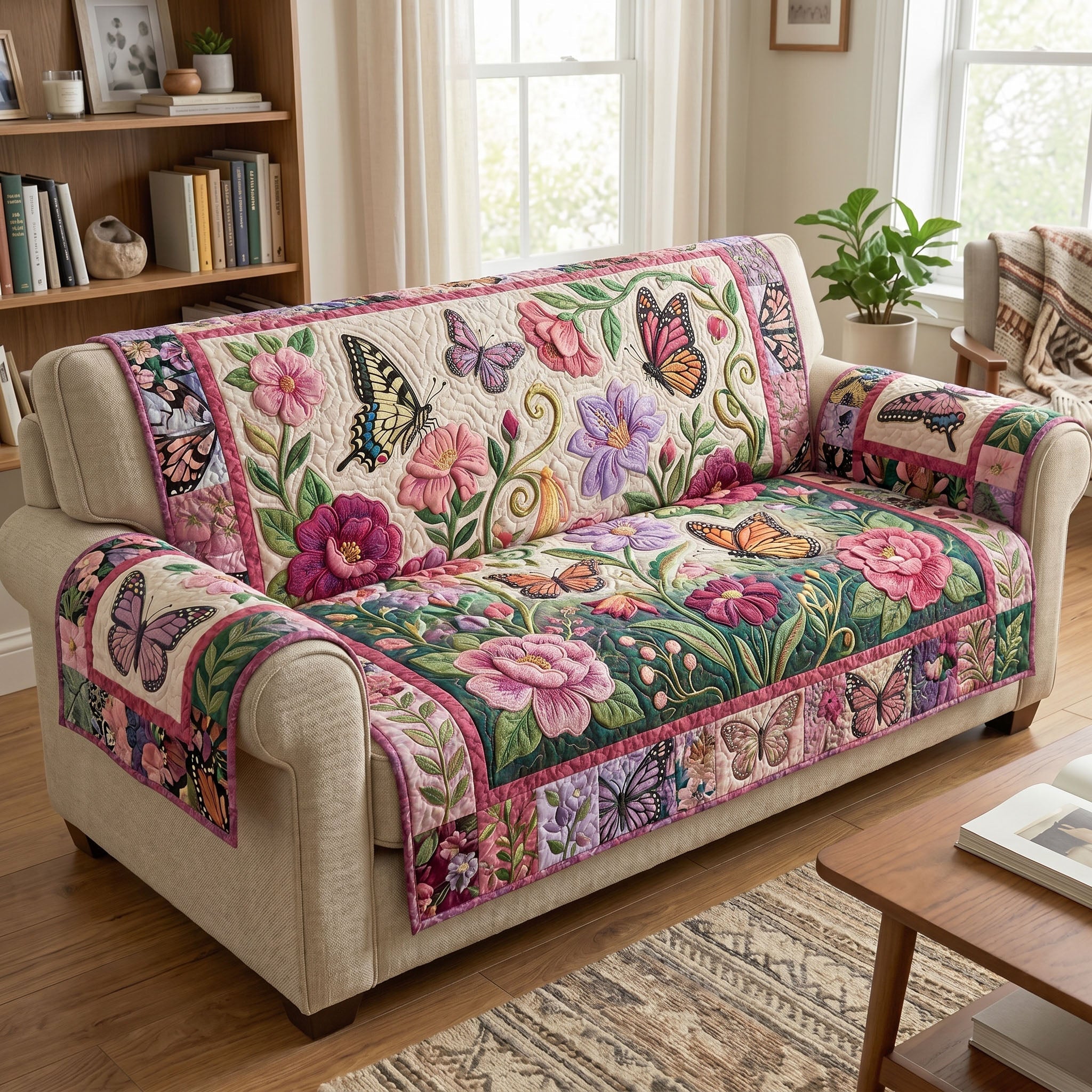 Floral Butterfly Quilted Sofa Cover Butterfly Garden Couch Cover New Gift