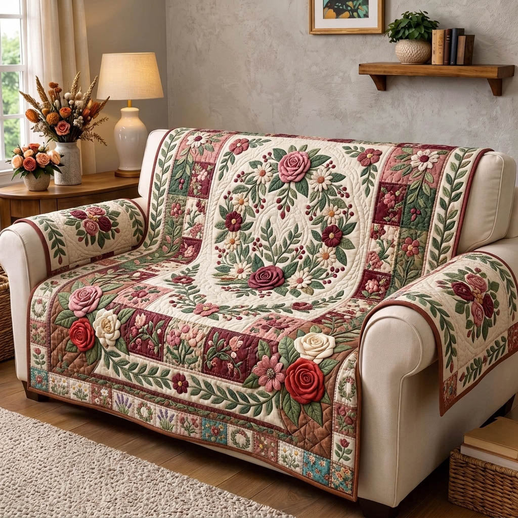 Floral Patchwork Quilted Sofa Cover Cozy Floral Couch Cover Gift For Home Lover