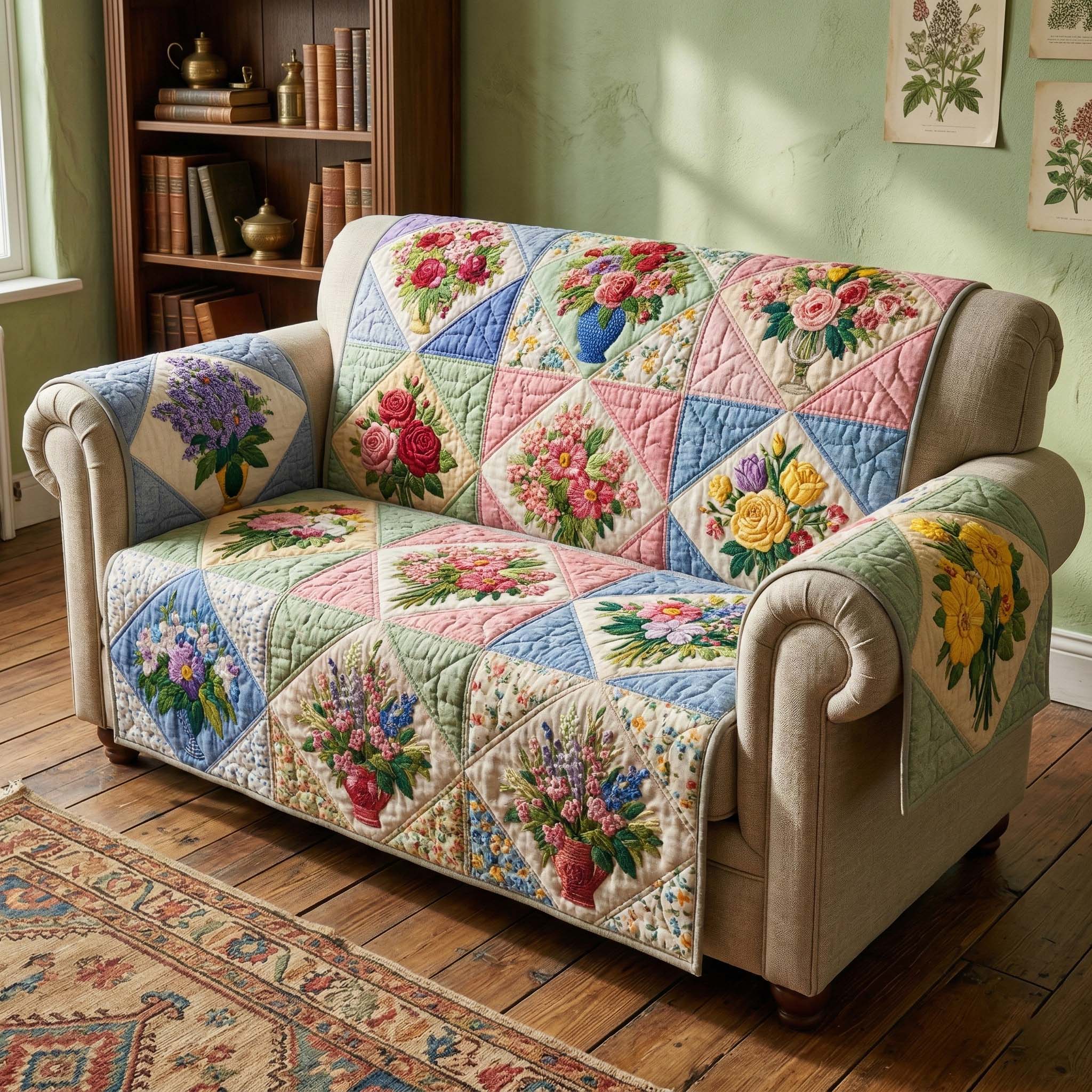 Floral Patchwork Quilted Sofa Cover Warm Floral Couch Cover Best Decor Gift