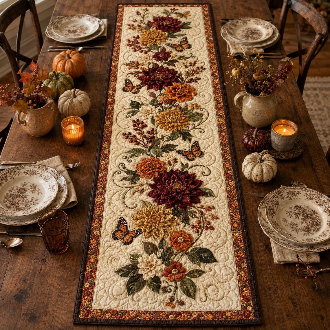 Floral Quilt Table Runner Autumn Thanksgiving Decor Merch Rustic Farmhouse Gift