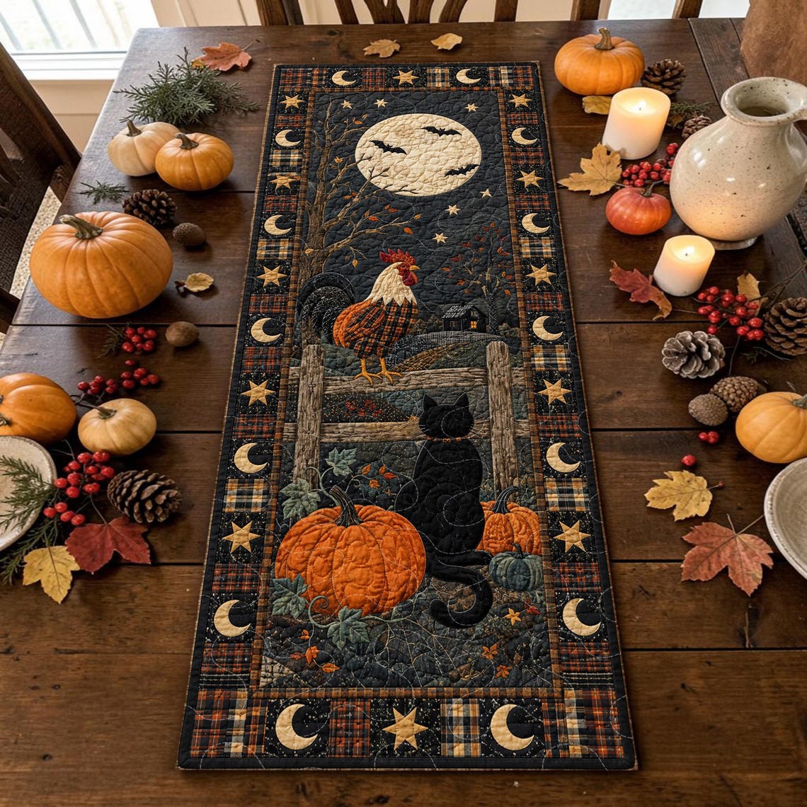 Folk Rooster Black Cat Quilted Table Runner Moon Pumpkin Patchwork Merch Halloween Farmhouse Gift
