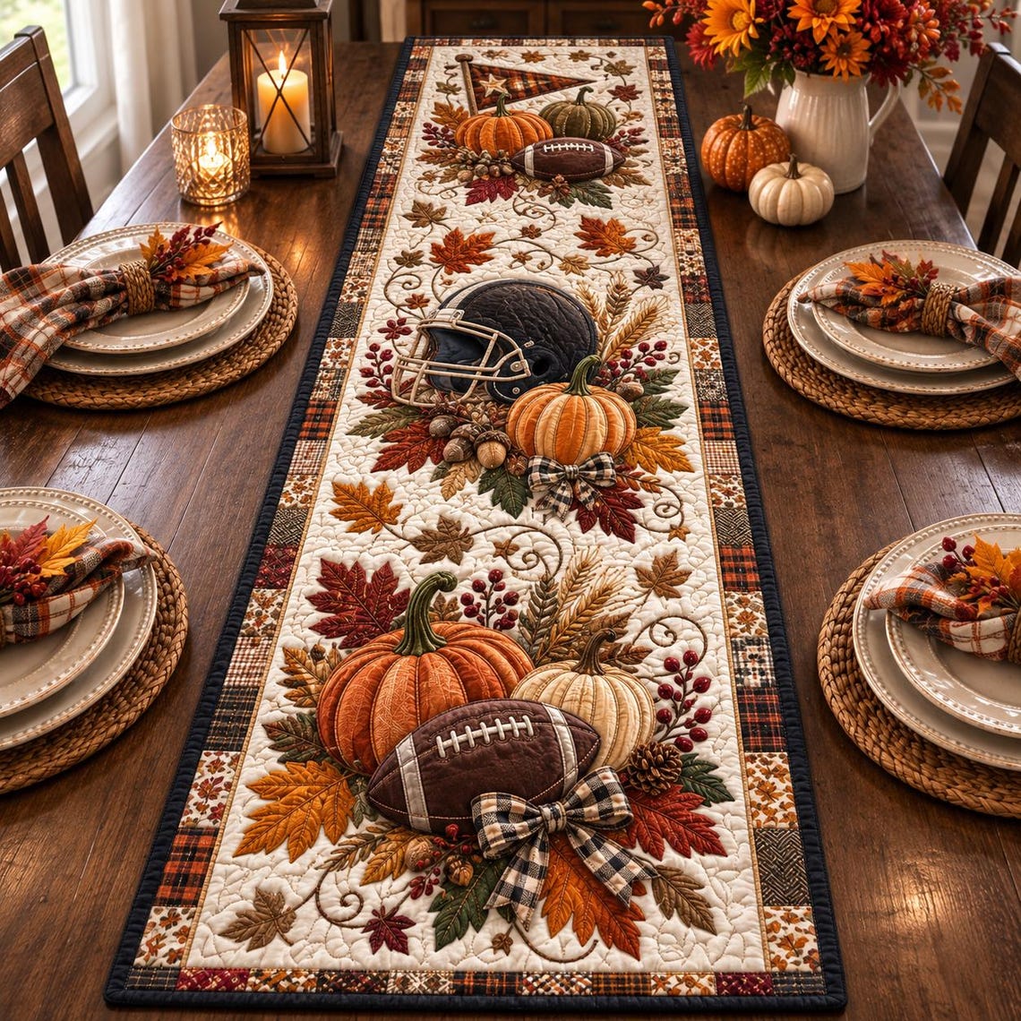 Football Fall Quilt Table Runner Game Day Dining Decor Merch Gift For Men