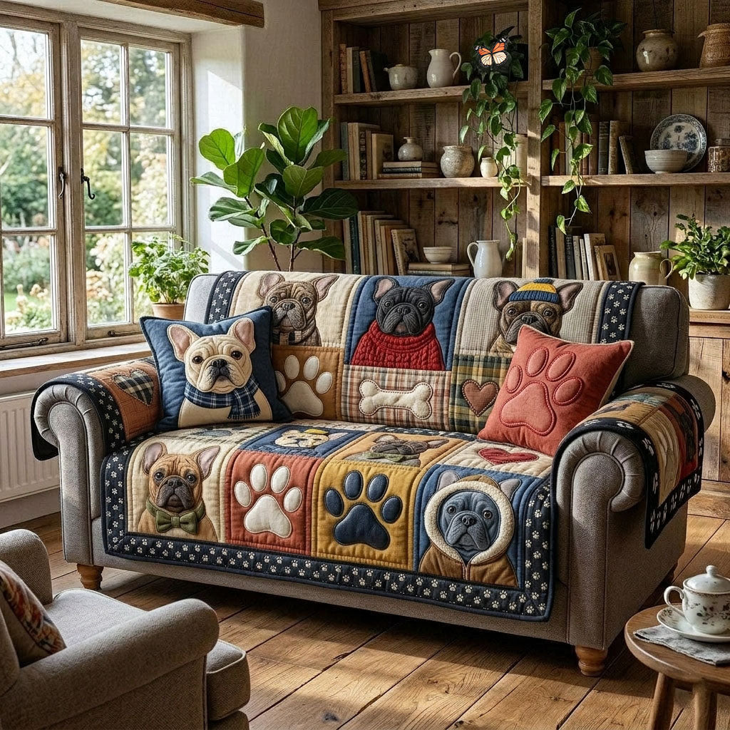 French Bulldog Quilted Sofa Cover Paw Spirit Couch Cover Unique Room Decor Gifts