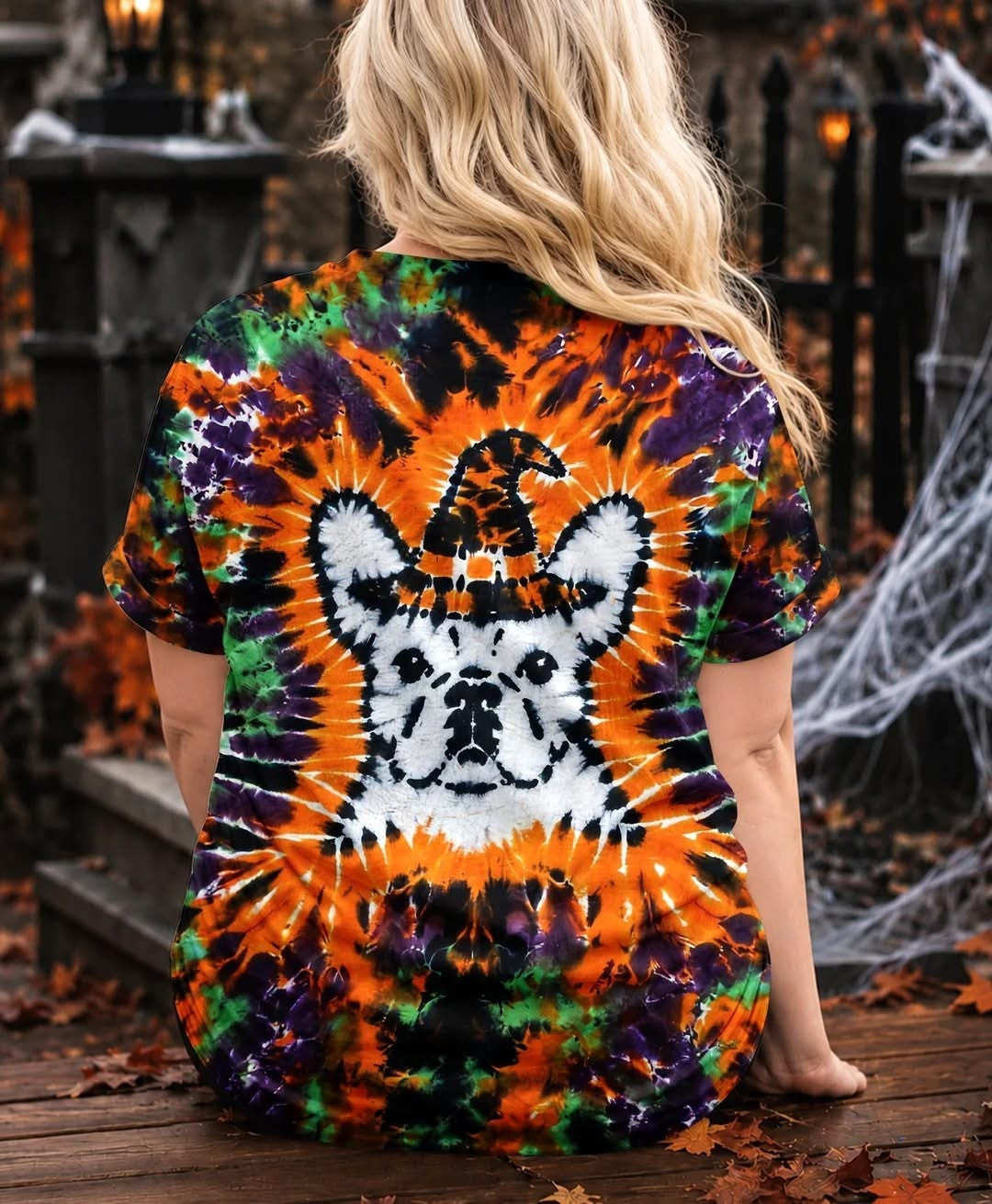 French Bulldog Witch Halloween Burst Tie Dye T-Shirt Dog Lovers Clothes Best Gift - Image 2