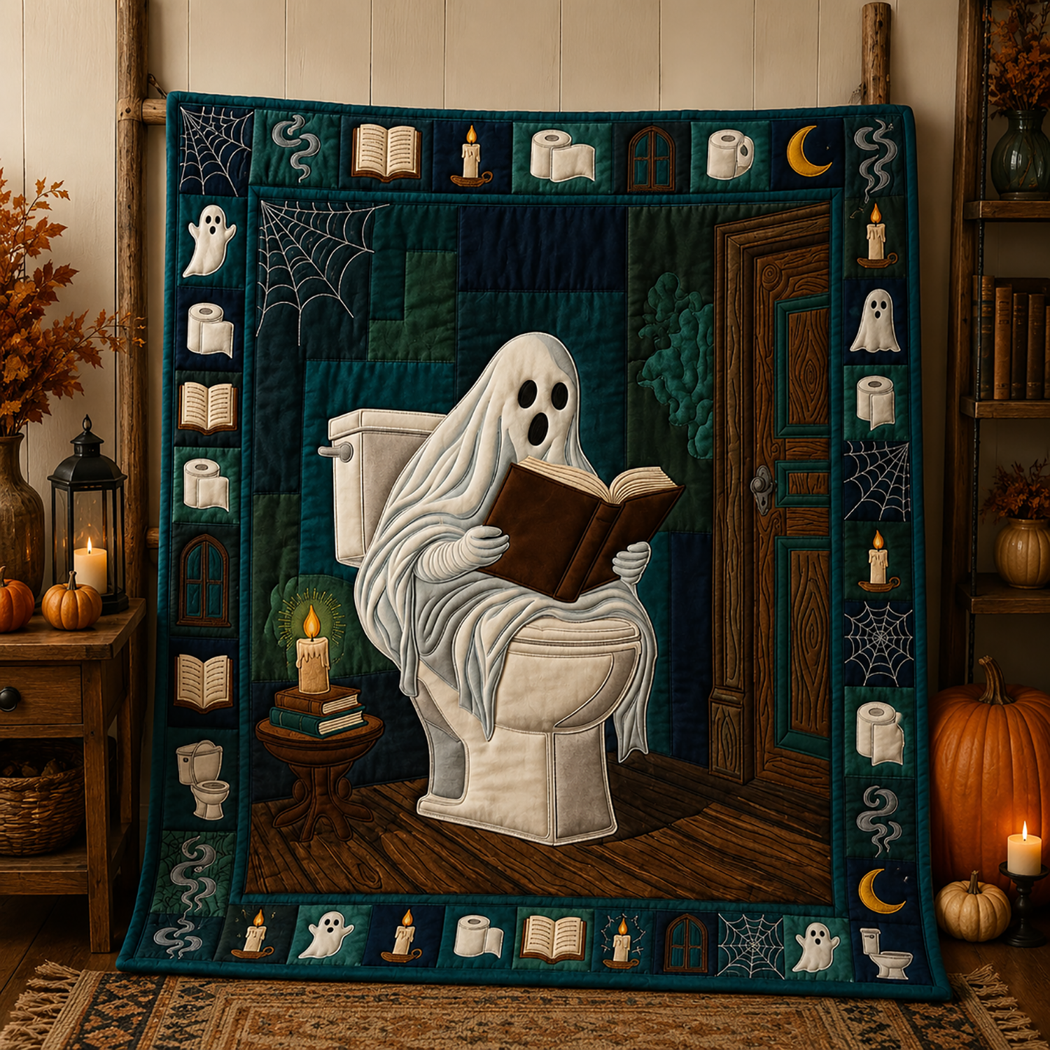 Funny Ghost Reading On Toilet Quilt Blanket Halloween Ghost Spooky Bathroom Throw Decor Gift