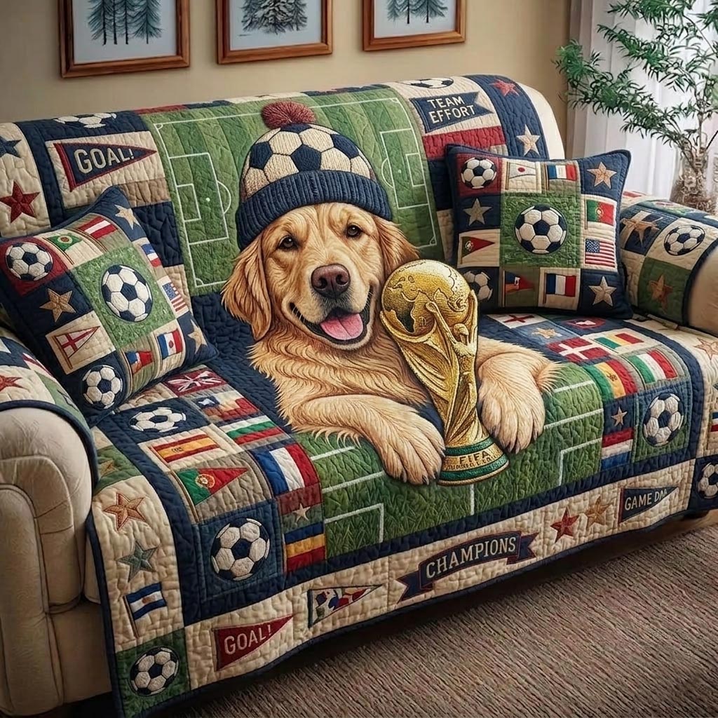 Game Day Pup Quilted Sofa Cover Classic Game Couch Cover Best Housewarming Gift Ideas