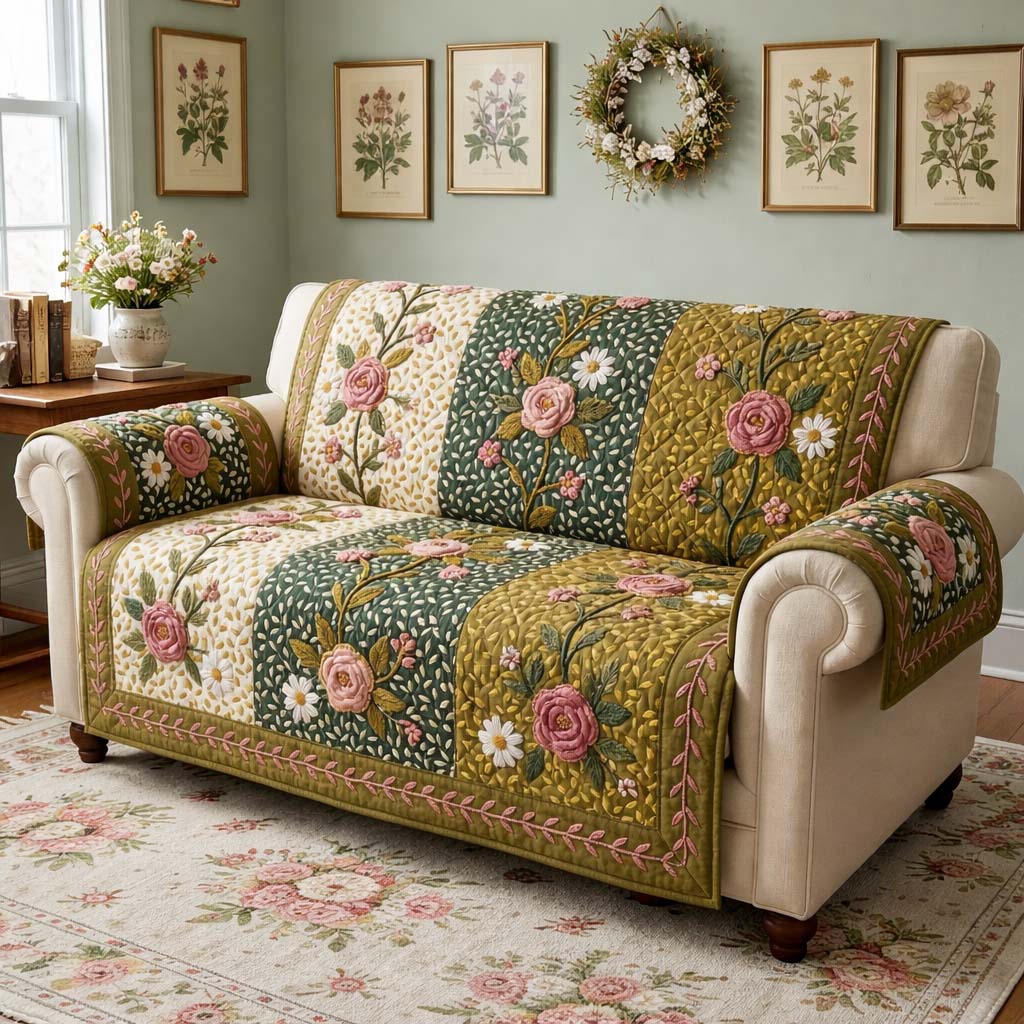 Garden Roses Quilted Sofa Cover Cozy Garden Couch Cover Gift For Room Lovers