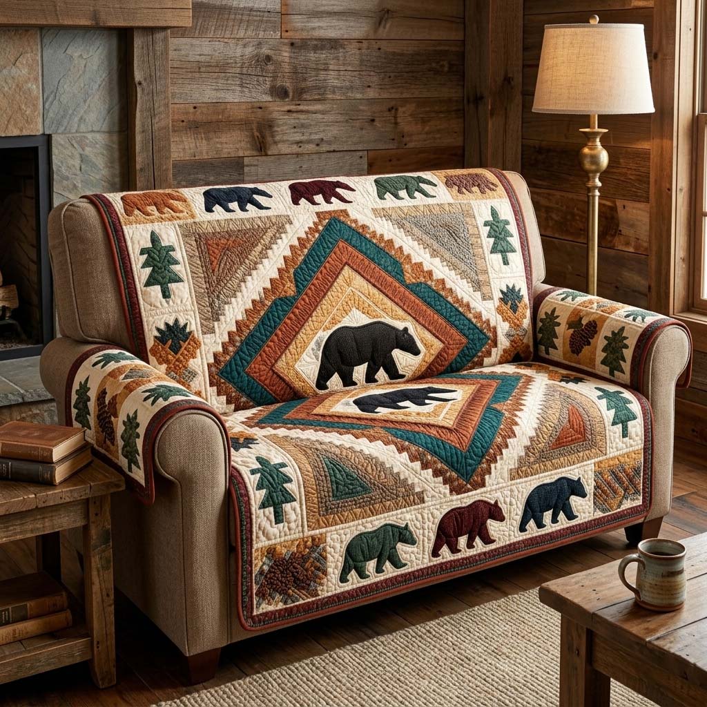 Geometric Bear Quilted Sofa Cover Bear Heritage Couch Cover Gift For Cozy Spaces