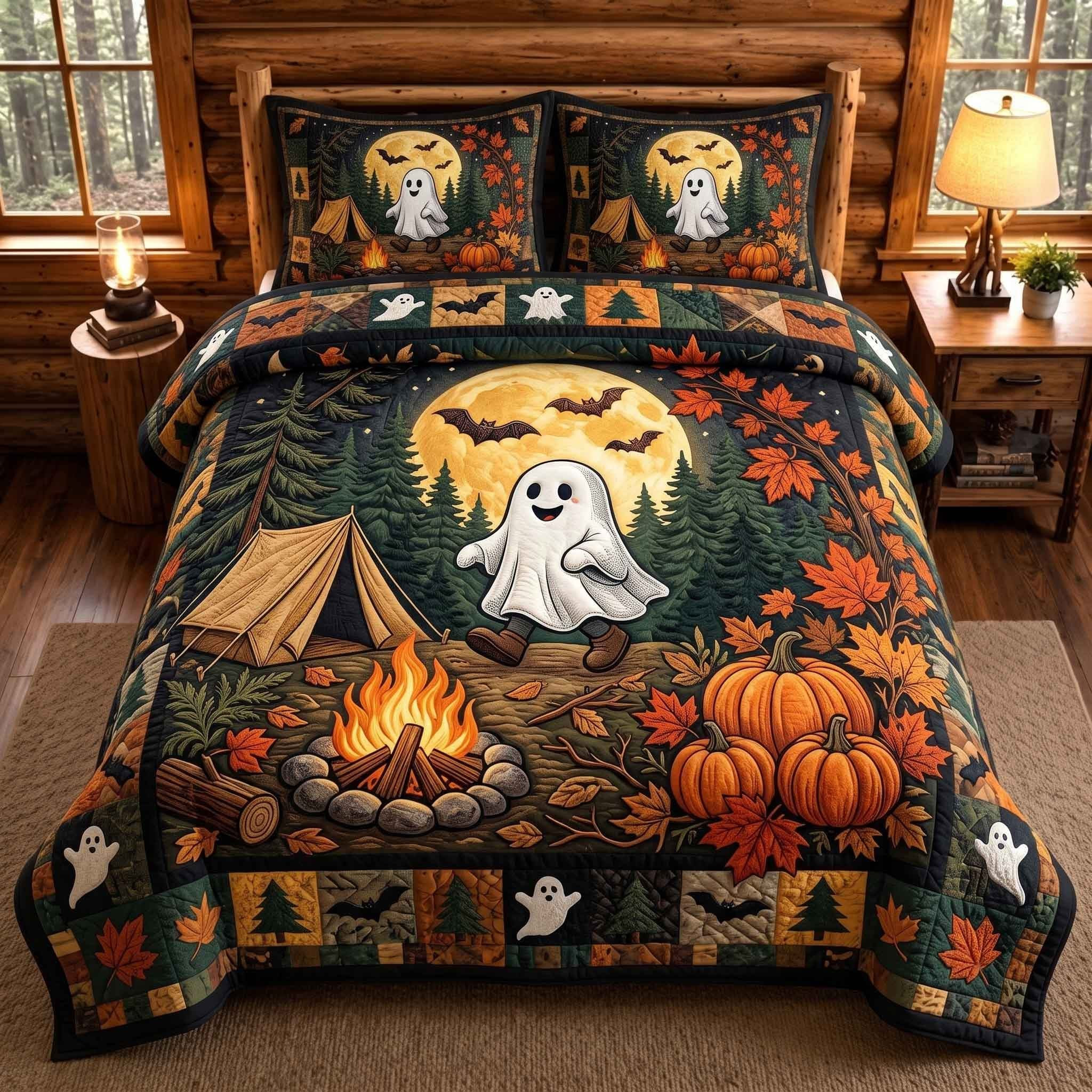 Ghost Campout Quilt Bedding Set Spooky Campfire Pumpkin Fall Bedroom Decor Halloween Gift For Camping Lovers