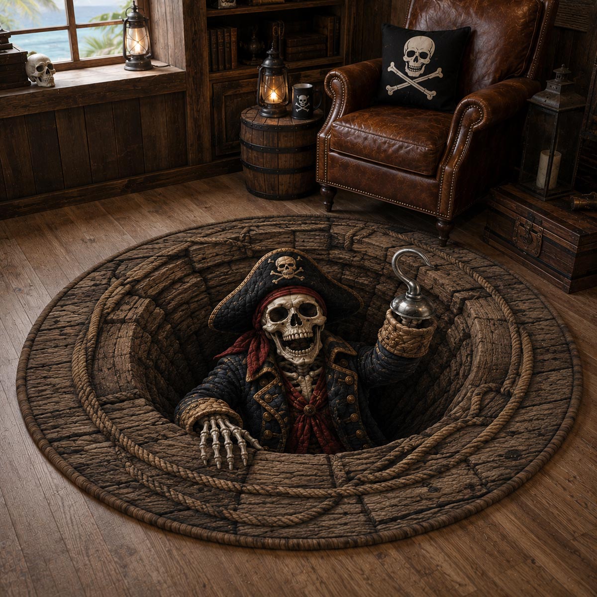 Ghost Captain Quilted Round Mat Pirate Skeleton Hook Merch Unique Halloween Gifts