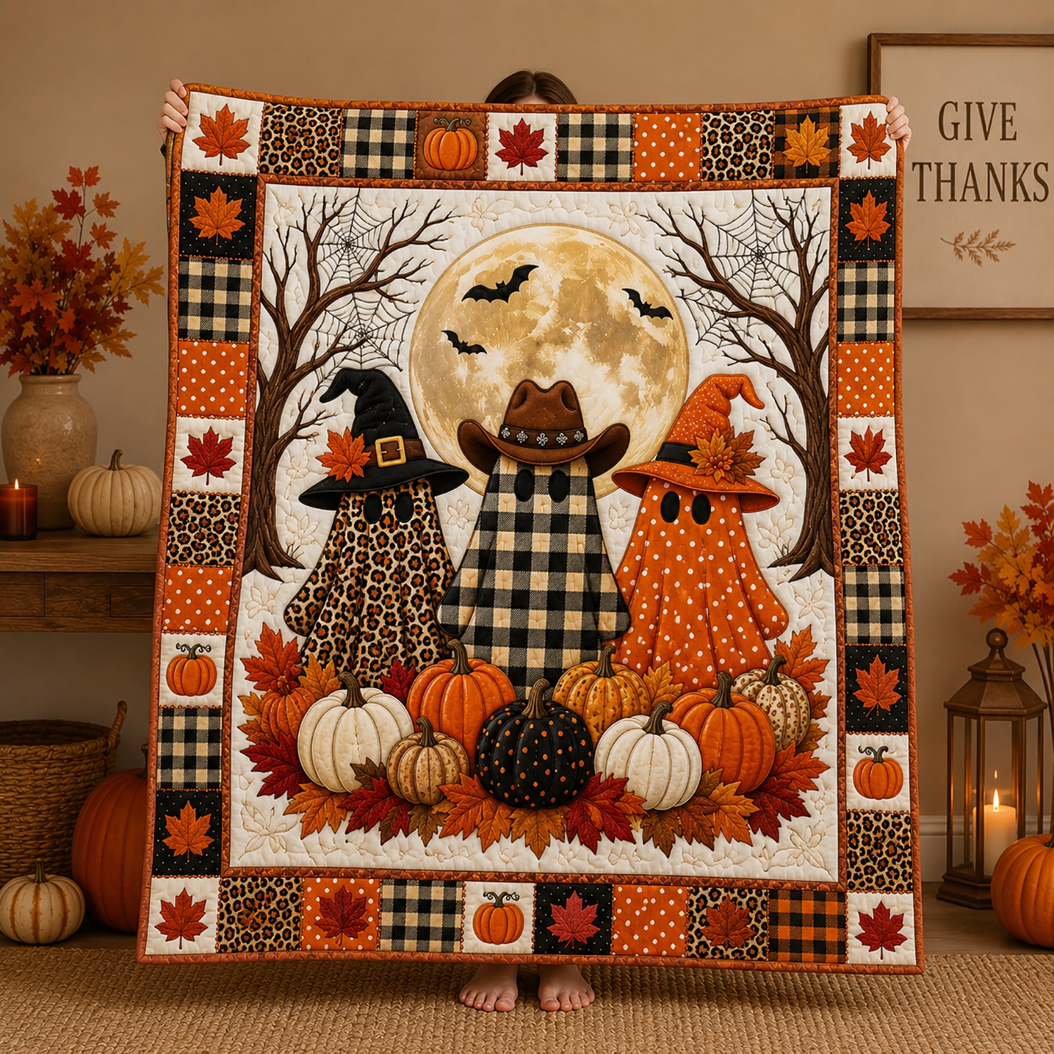 Ghost Halloween Quilt Blanket Cowboy Hat Ghost Throw Farmhouse Fall Spooky Pumpkin Gift Ideas