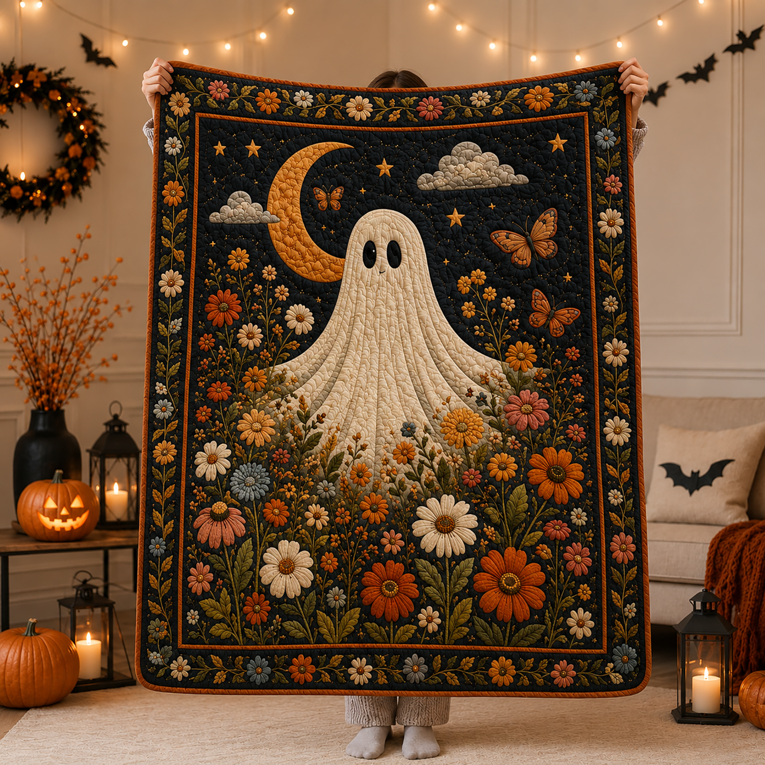 Ghost Halloween Quilt Blanket Floral Ghost Spooky Boho Throw Cozy Halloween Throw Autumn Gift