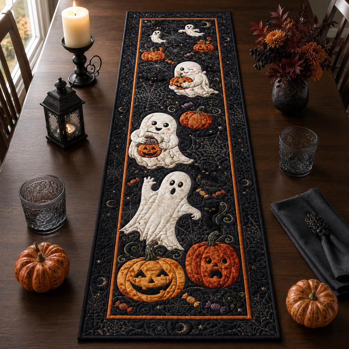 Ghost Halloween Quilt Table Runner Spooky Pumpkin Merch Gift For Parents