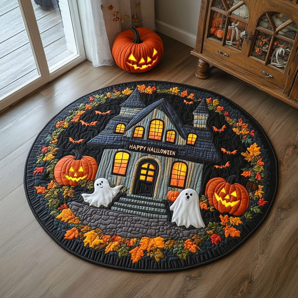 Ghost Haunted House Happy Halloween Quilted Round Mat Funny Halloween Indoor Decorations