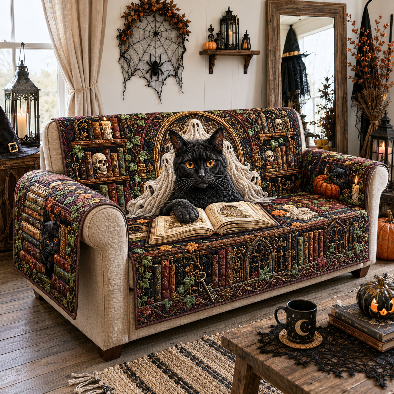 Ghost Keeper Library Cat Quilted Sofa Cover Library Charm Couch Cover Home Gifts For Her