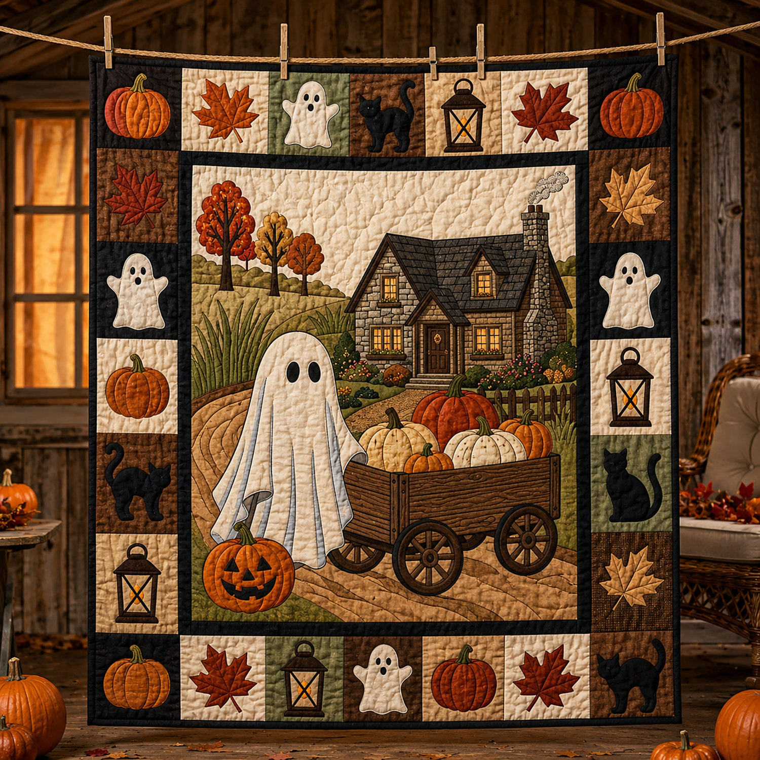 Ghost Pumpkin Patch Quilt Blanket Halloween Ghost Throw Spooky Harvest Decor Gift