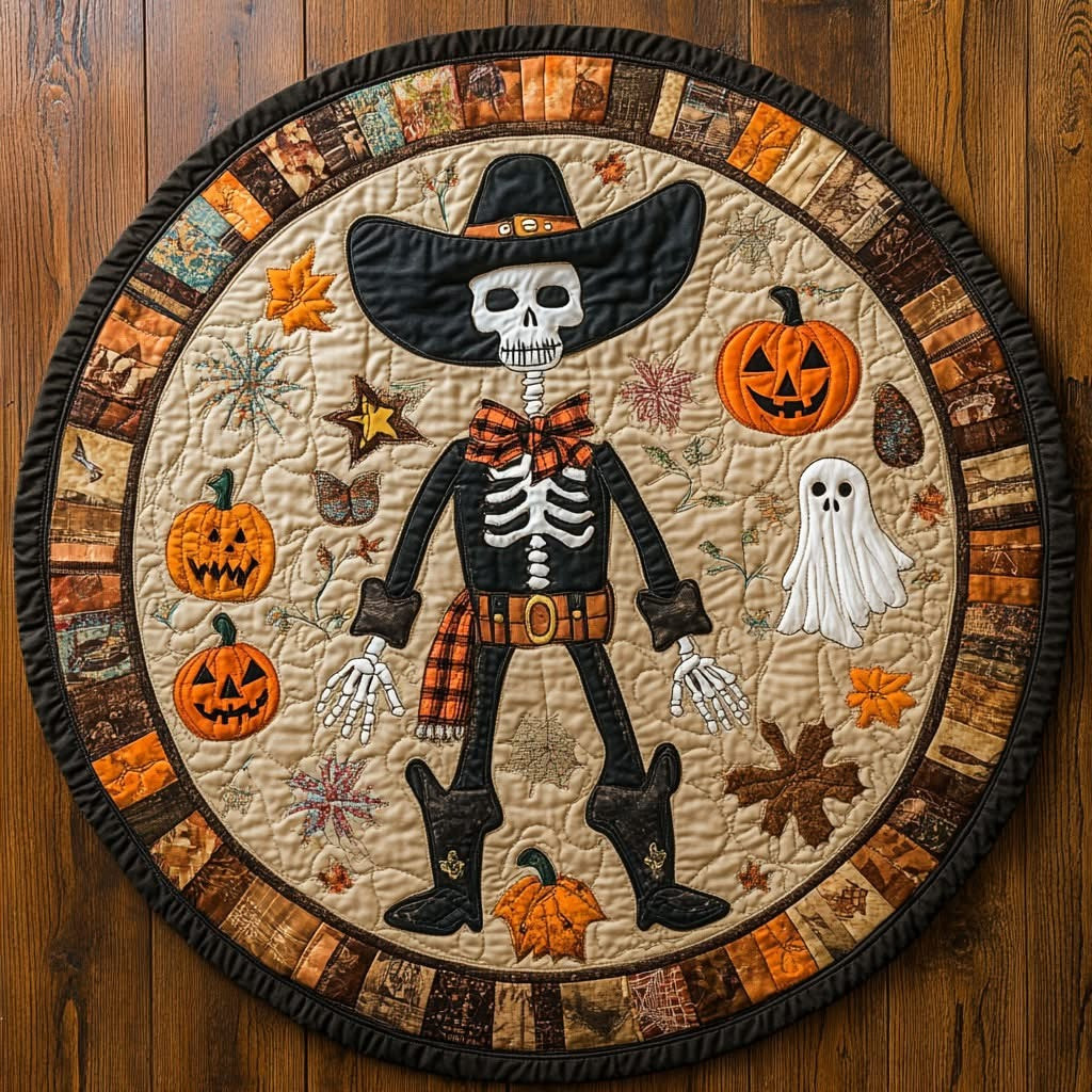 Ghost Skeleton Western Pumpkin Halloween Quilted Round Mat Fall Autumn Circle Rug Decorations