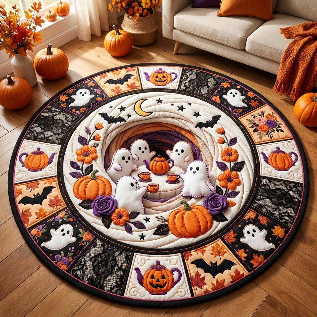 Ghost Tea Party Halloween Quilted Round Mat Ghosts And Pumpkins Round Rug Cute Halloween Decor