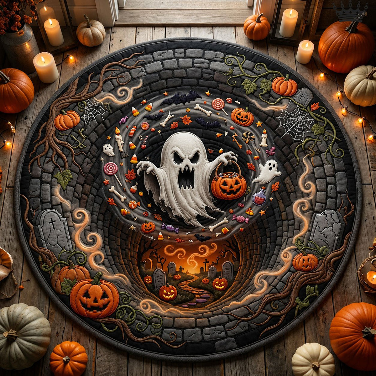 Ghost Trick Or Treat Halloween Quilted Round Mat Ghost And Pumpkins Merch Halloween Room Lover