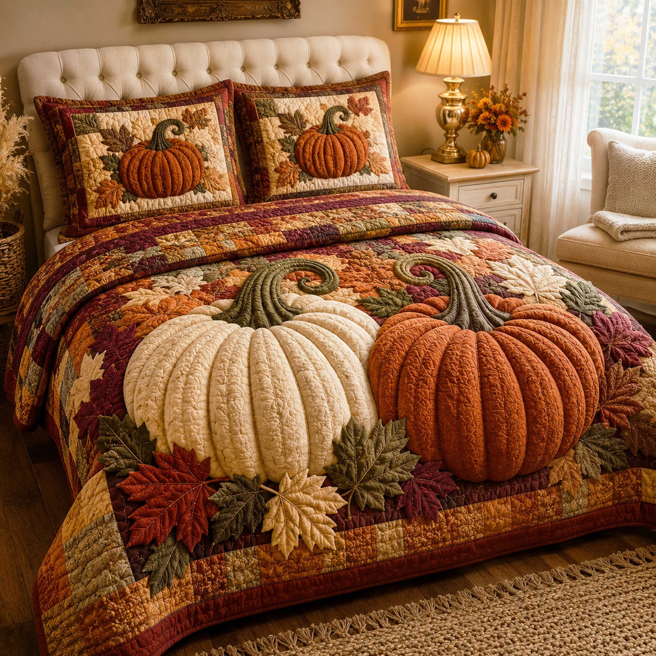 Giant Raised Pumpkin Quilt Bedding Set Maple Leaves Patchwork Autumn Bedroom Decor Thanksgiving Gift