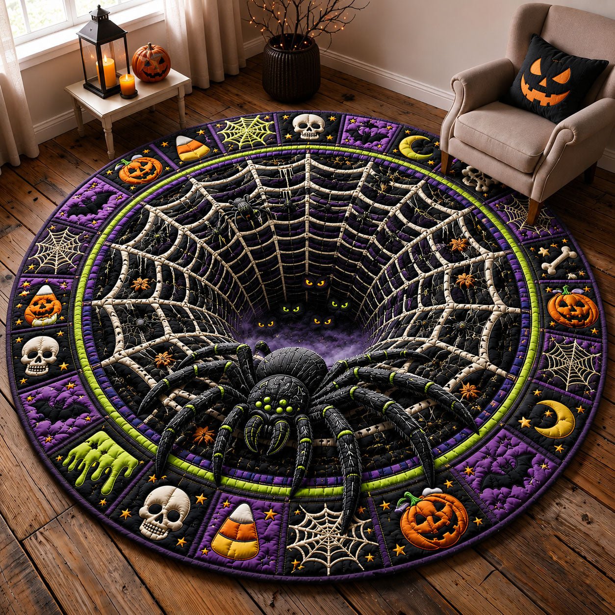 Giant Spider Web Halloween Quilted Round Mat Halloween Spiderweb Round Rug Fun Gifts For Fans