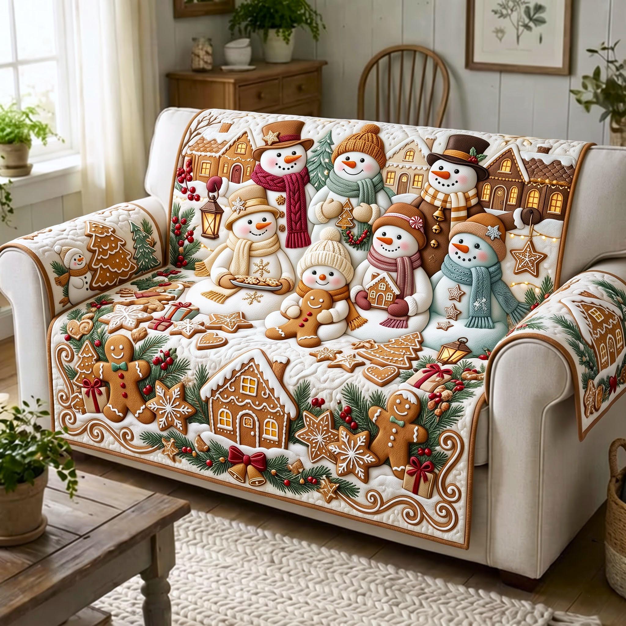 Gingerbread Snowman Quilted Sofa Cover Snowman Magic Couch Cover Home Gifts For Her