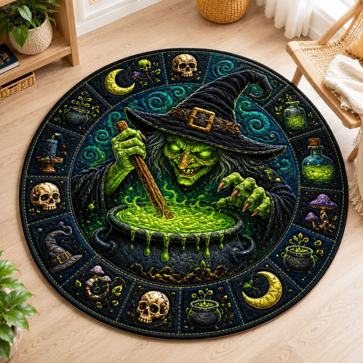 Glowing Cauldron Witch Halloween Quilted Round Mat Witch Cauldron Merch Trendy Halloween Decor
