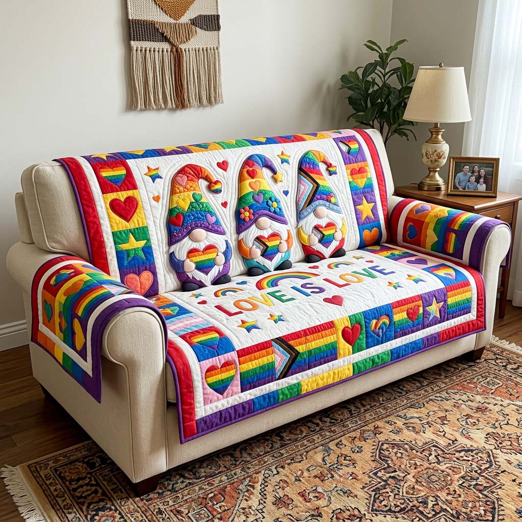 Gnome Pride Quilted Sofa Cover Pride Colors Couch Cover Home Decor Gift Ideas