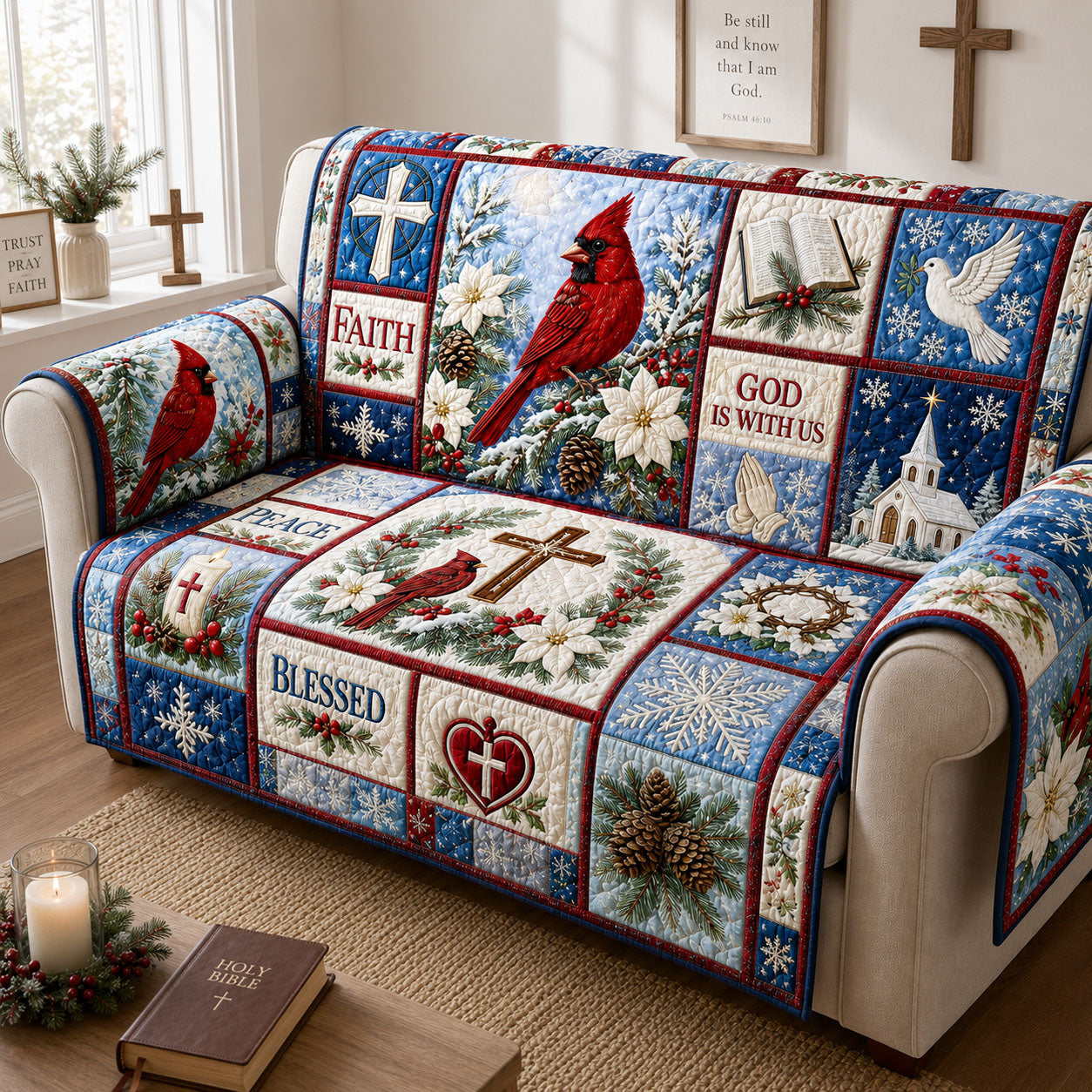 God Is With Us Winter Cardinal Quilted Sofa Cover Cardinal Grace Couch Cover Gift For New Home