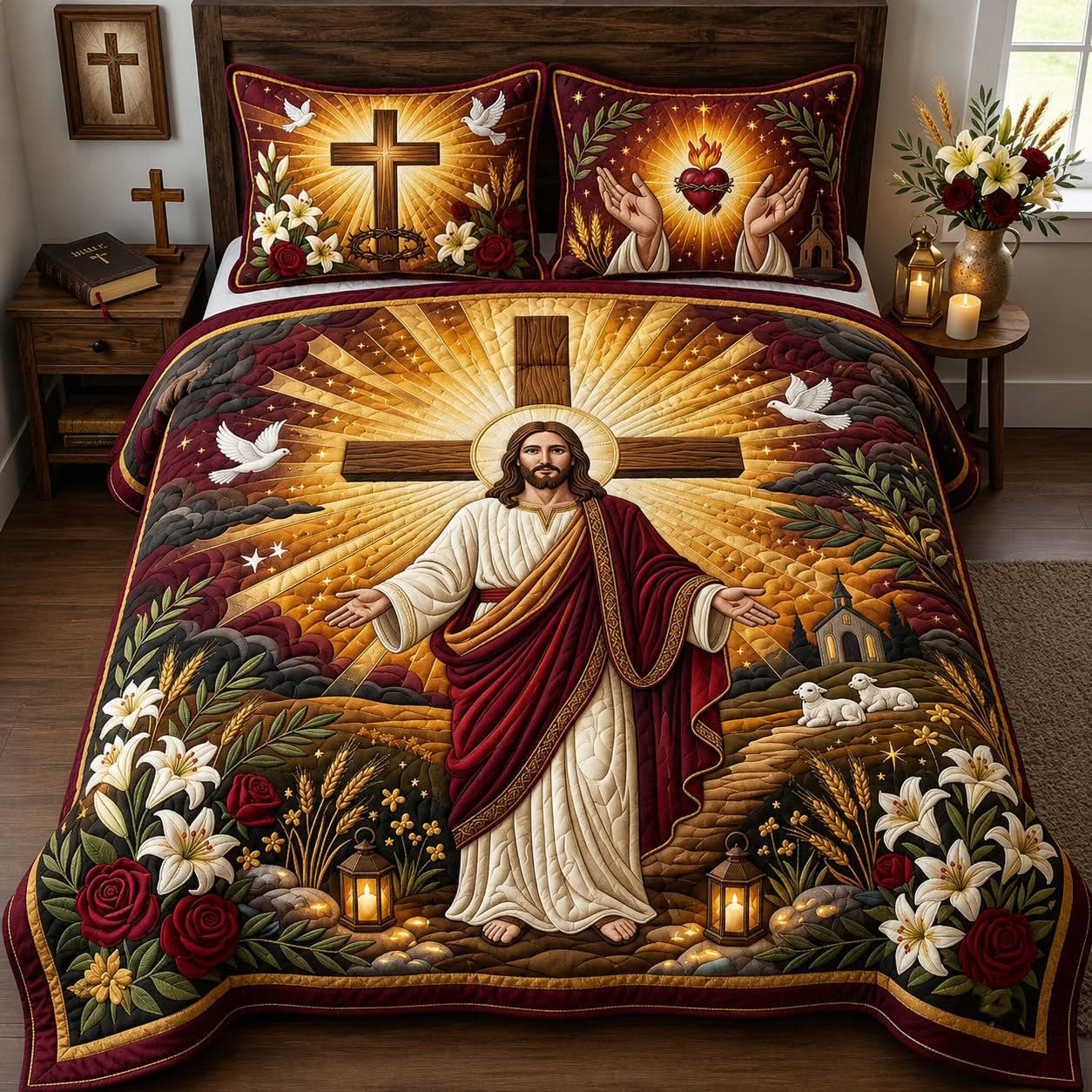 God's Goodness Jesus Quilt Bedding Set Christian Cross Sacred Heart Bedroom Decor Gift For Family