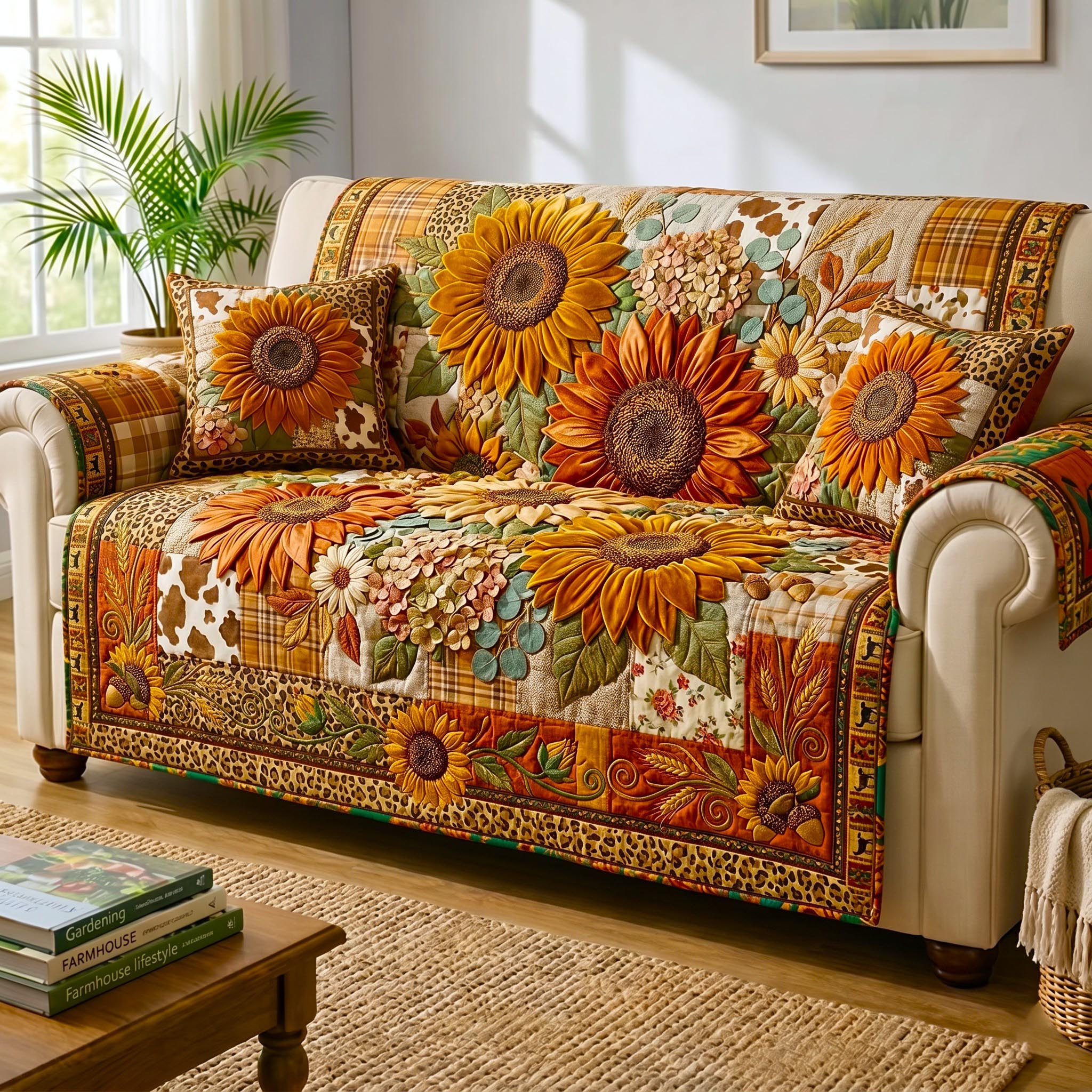 Golden Bloom Quilted Sofa Cover Cozy Golden Couch Cover Gift For Home Decorators