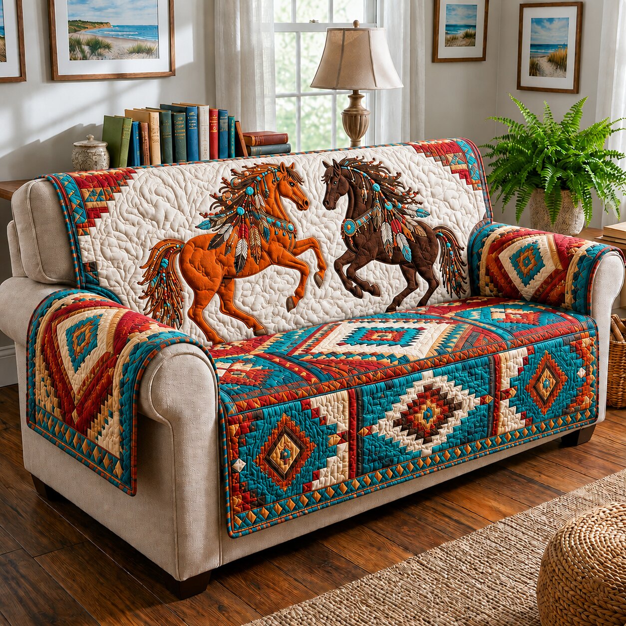Golden Horse Quilted Sofa Cover Horse Spirit Couch Cover Gifts For House Lovers