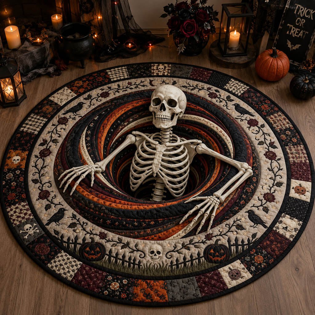 Gothic Skeleton Abyss Halloween Quilted Round Mat Skeleton Halloween Merch Halloween Room Gift