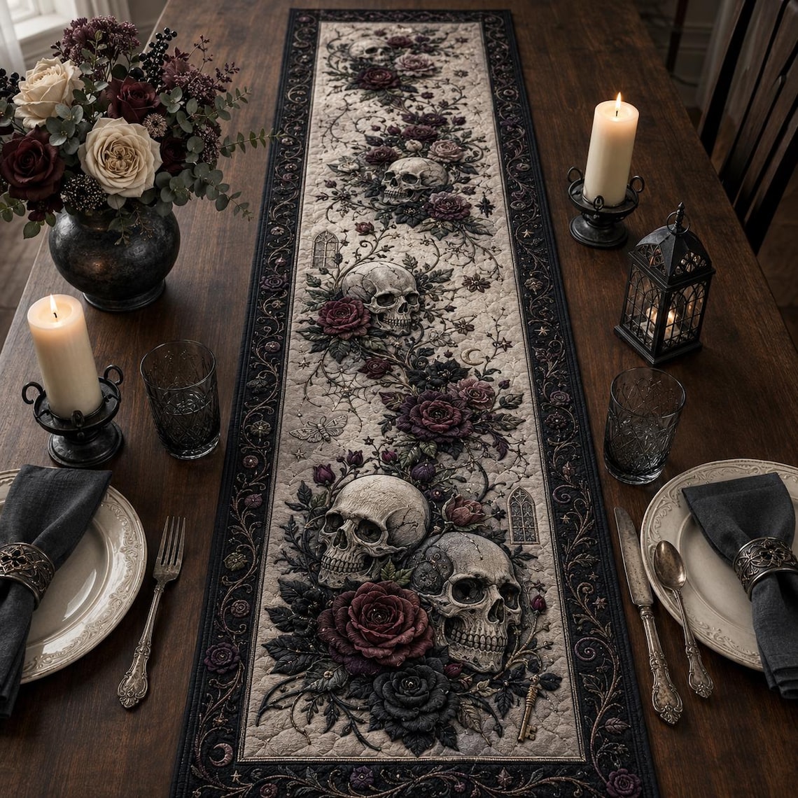 Gothic Skull Quilt Table Runner Dark Floral Rose Decor Merch Gift For Men