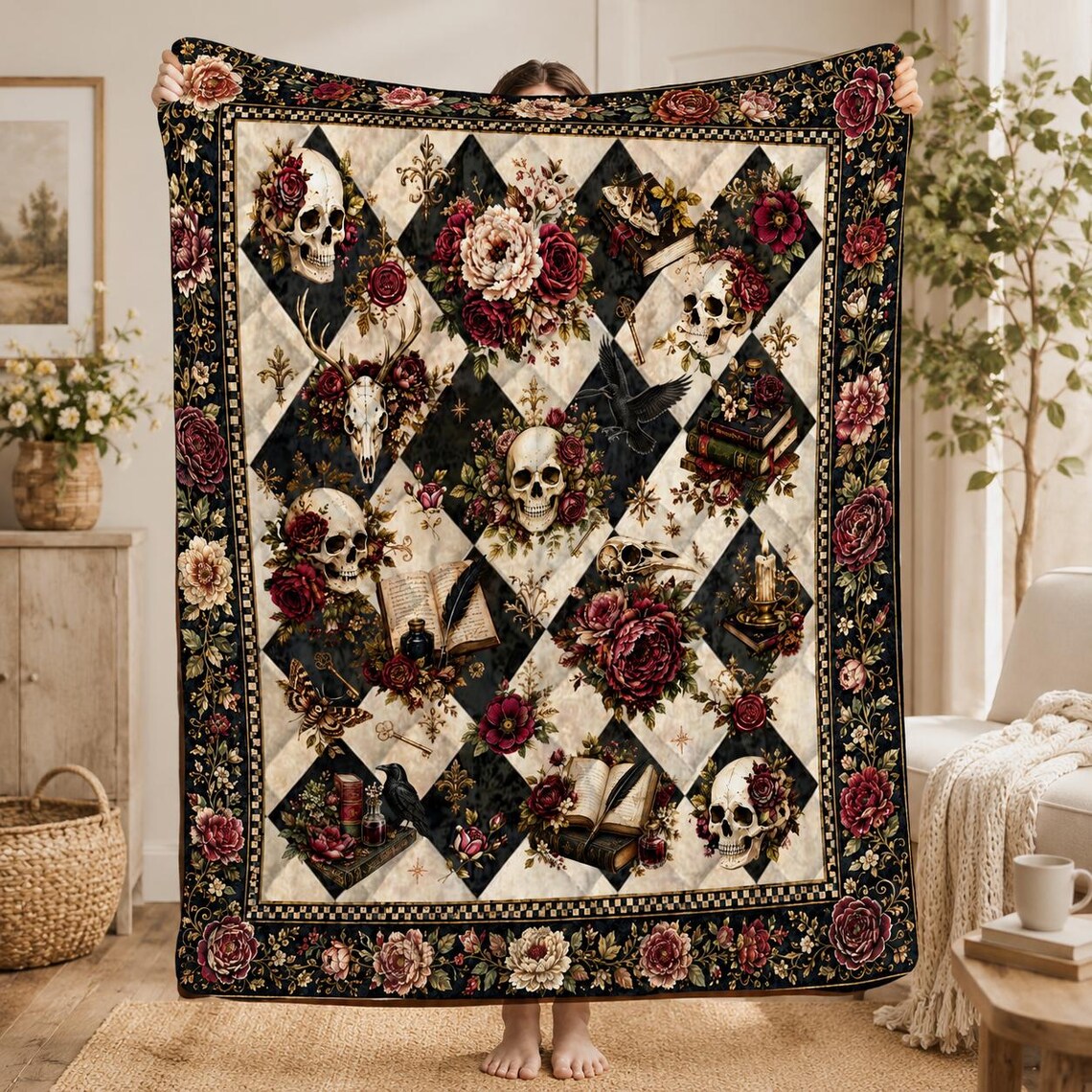Gothic Skull Reading Quilt Blanket Rose Dark Academia Throw Floral Skeleton Halloween Gift