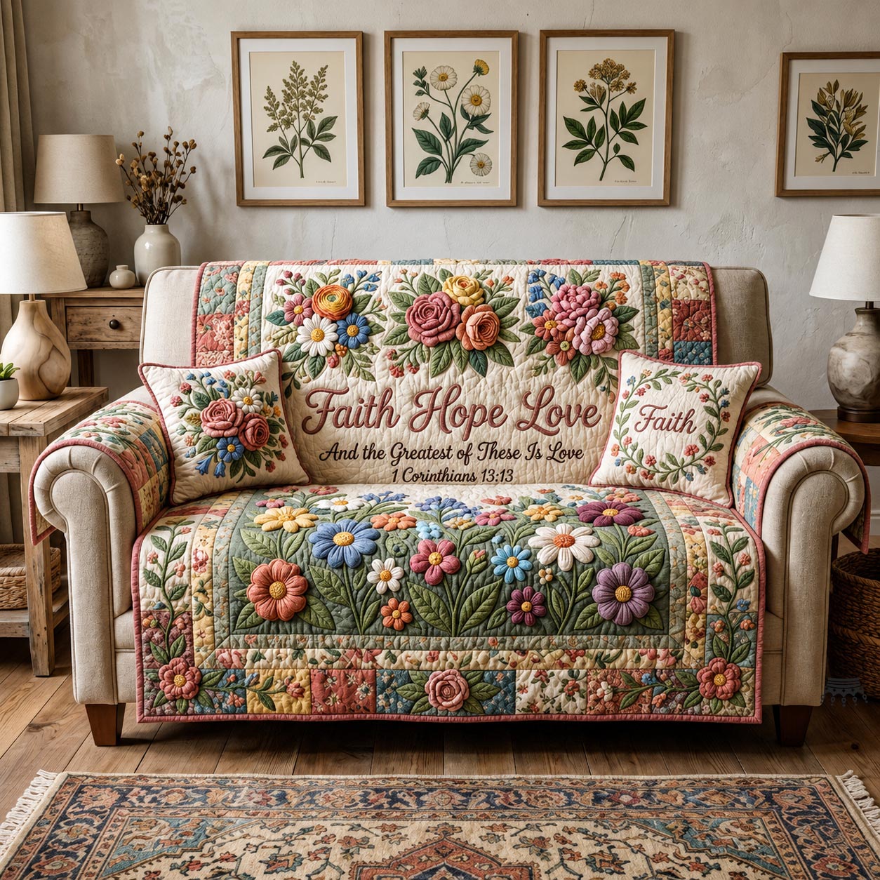 Grace Bloom Quilted Sofa Cover Rustic Grace Couch Cover Trendy Gift