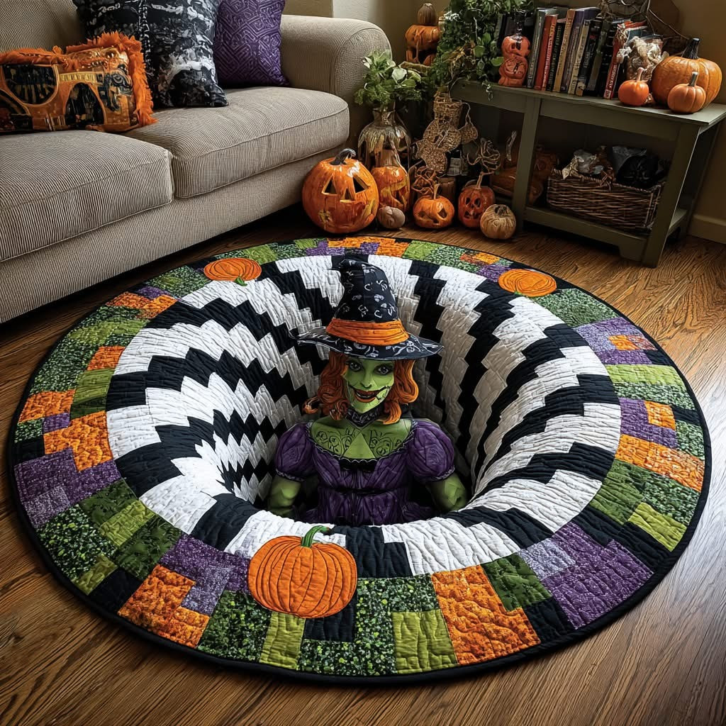 Green Witch Abyss Hollow Whirl Halloween Quilted Round Mat Funny Circle Rug Decorations