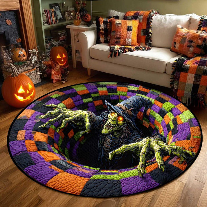 Green Witch Swirl Abyss Hollow Whirl Halloween Quilted Round Mat Spiral Circle Rug Decor
