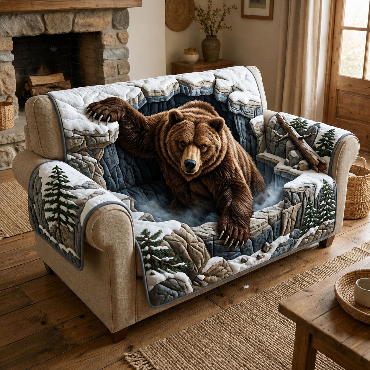 Grizzly Bear Quilted Sofa Cover Forest Bear Couch Cover Gift For Room Decor
