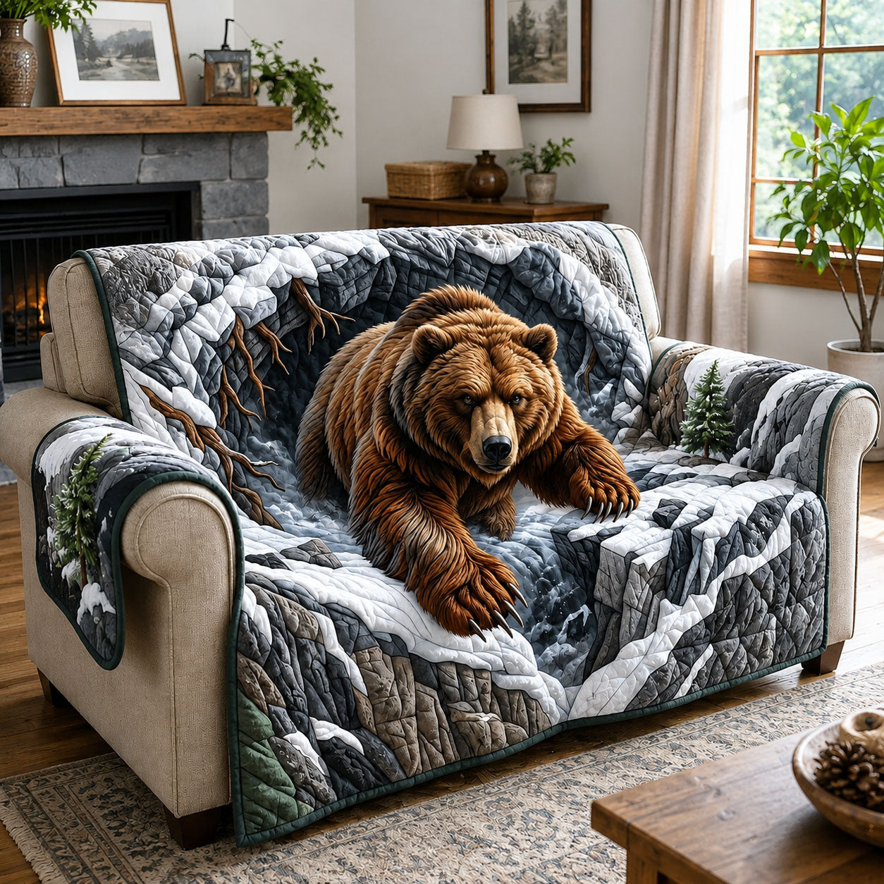 Grizzly Bear Quilted Sofa Cover Rustic Bear Couch Cover Gift For Home Decor