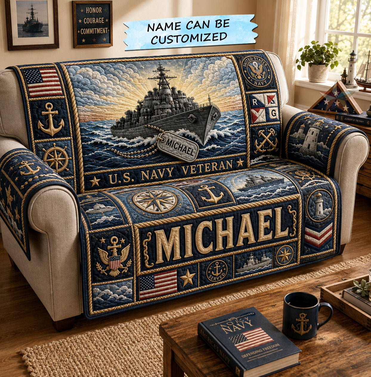 Guardian Of The Seas US Navy Quilted Sofa Cover Navy Legacy Couch Cover Cool Room Decor Gifts