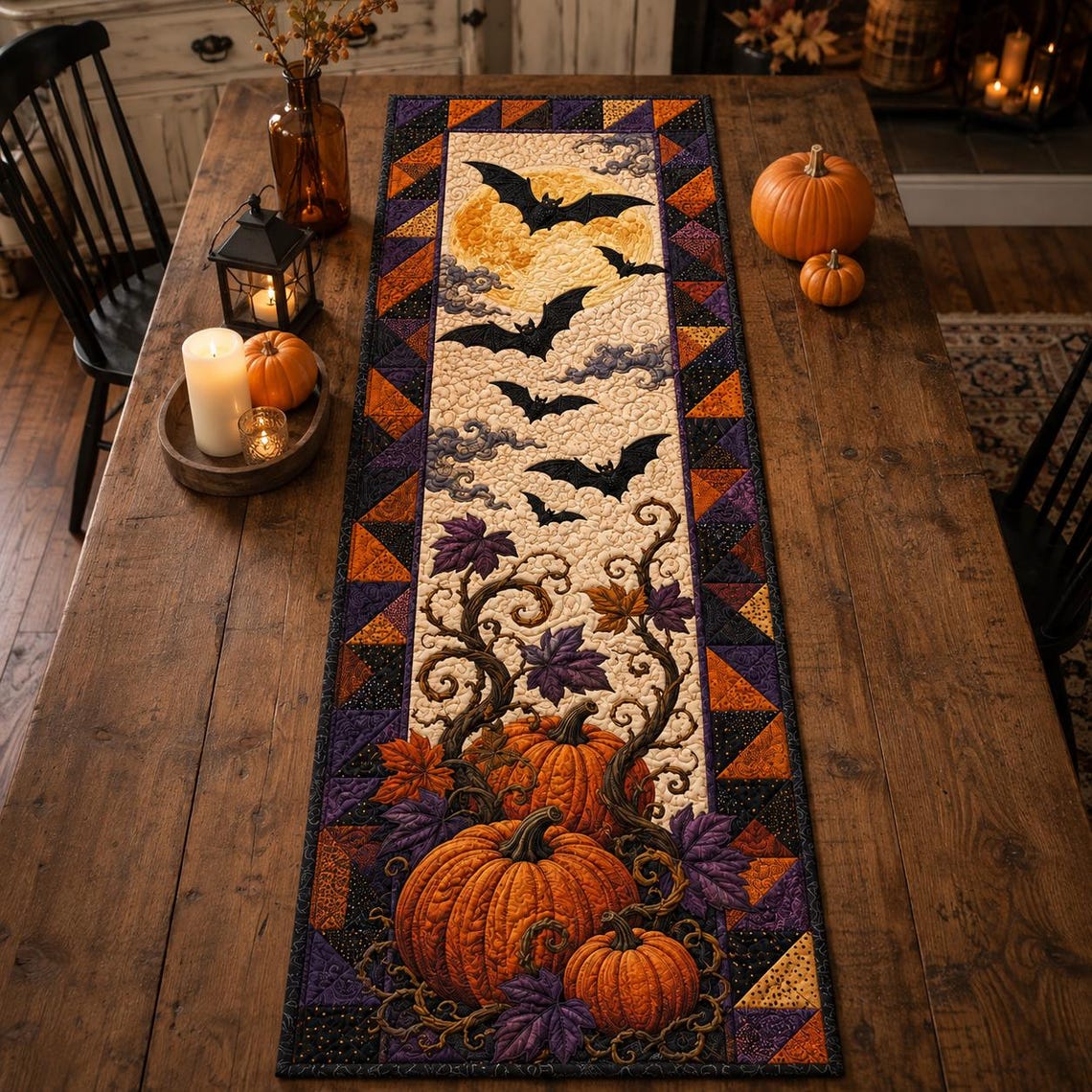 Halloween Bat Pumpkin Quilted Table Runner Moon Pumpkin Fall Table Decor Gothic Autumn Gift