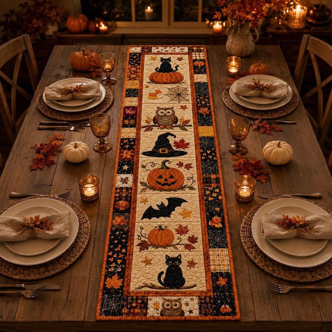 Halloween Black Cat Merch Halloween Black Cat Pumpkin Quilt Table Runner Gifts For Fans